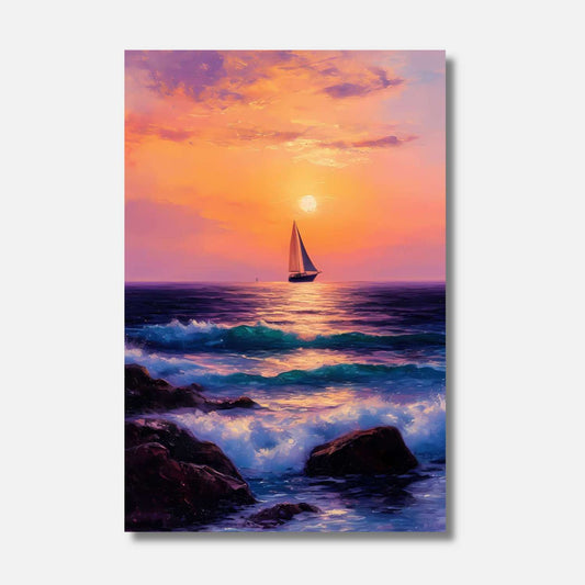 Un coucher de soleil vibrant sur une mer tranquille, où les vagues dansent doucement et un voilier glisse vers l'horizon doré