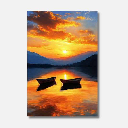 Un coucher de soleil flamboyant éclaire deux bateaux tranquilles sur une mer dorée