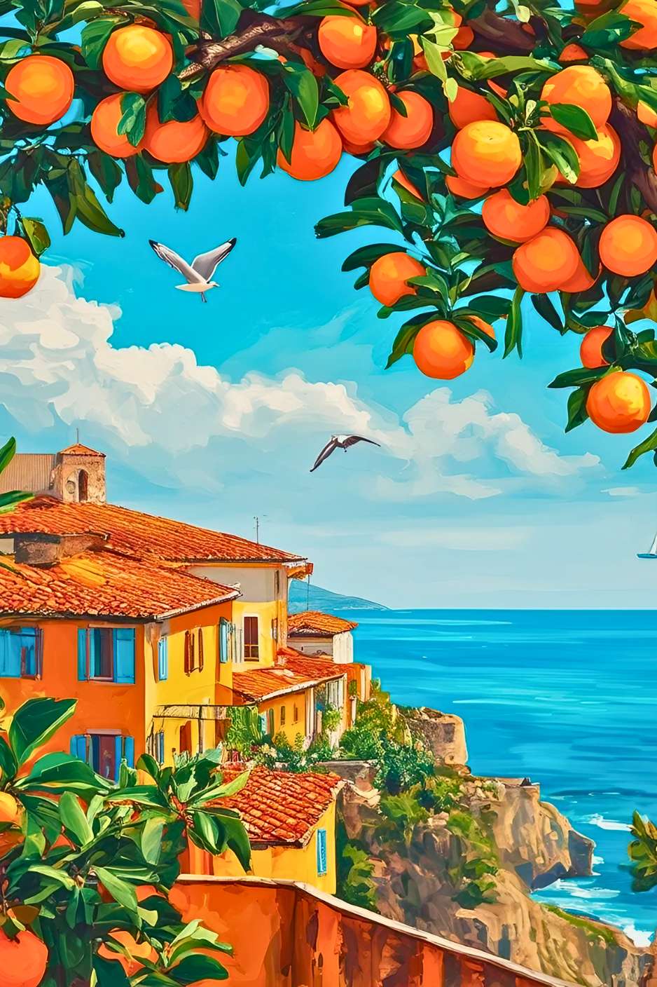 Un éden suspendu entre ciel et mer, où les oranges s'épanouissent sous le regard bienveillant des mouettes, bercées par les vagues et caressées par le souffle du large