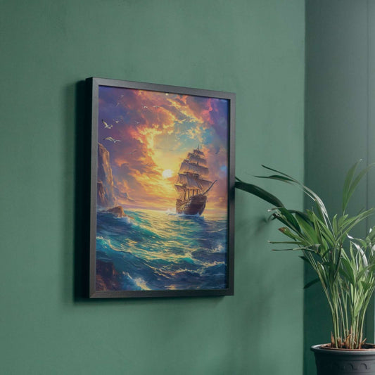 Un voilier majestueux fend les eaux miroitantes sous un coucher de soleil flamboyant, créant une symphonie de couleurs et de lumière envoûtante
