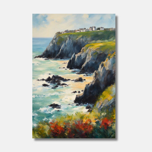 Un tableau vivant de la côte bretonne où les falaises abruptes rencontrent l'azur tumultueux, ponctué par des maisons blanches lointaines