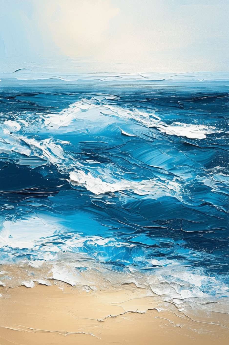 Des vagues dynamiques en bleu intense et blanc, évoquant le mouvement incessant de l'océan sur un rivage sablonneux