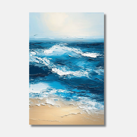 Des vagues dynamiques en bleu intense et blanc, évoquant le mouvement incessant de l'océan sur un rivage sablonneux