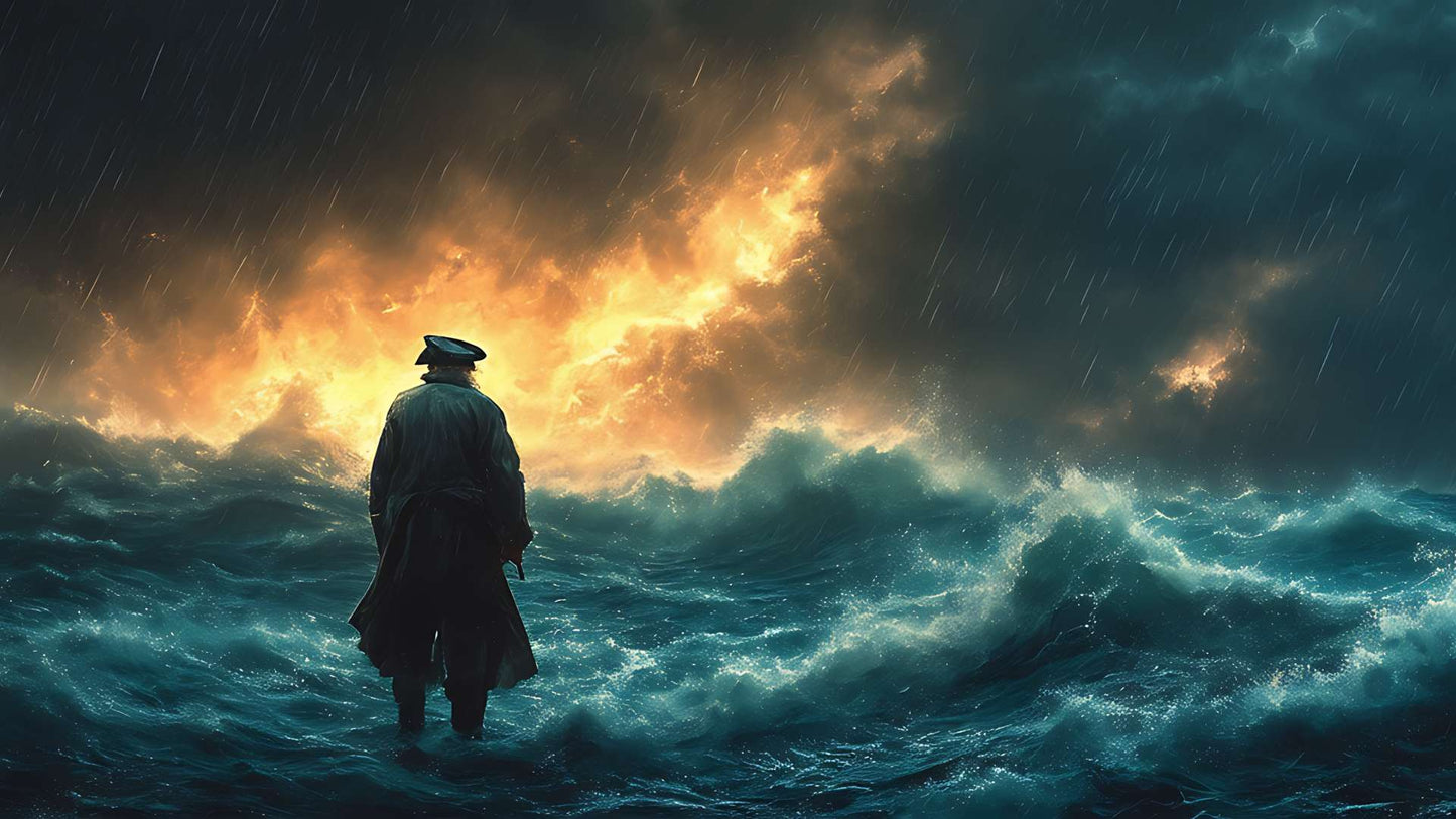 Tel un marin solitaire, je contemple l'immensité des flots déchaînés, où les éclairs illuminent le chaos des vagues tumultueuses, révélant la beauté sauvage et indomptée de l'océan en furie