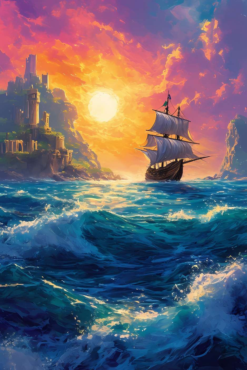 Une voile solitaire fend les flots tumultueux, éclairée par un coucher de soleil éclatant, tandis que des ruines majestueuses veillent sur l'horizon