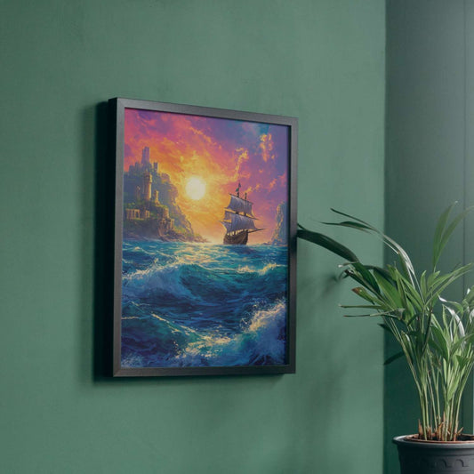 Une voile solitaire fend les flots tumultueux, éclairée par un coucher de soleil éclatant, tandis que des ruines majestueuses veillent sur l'horizon