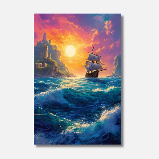 Une voile solitaire fend les flots tumultueux, éclairée par un coucher de soleil éclatant, tandis que des ruines majestueuses veillent sur l'horizon