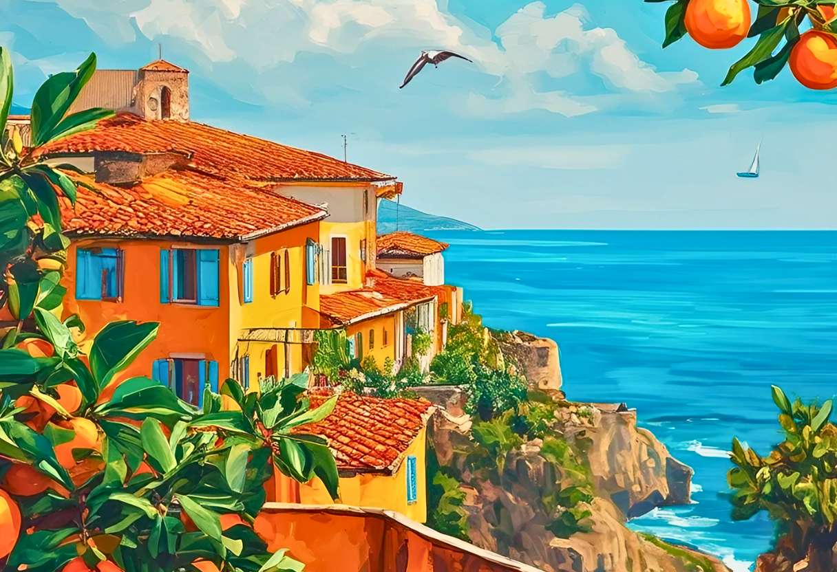 Un éden suspendu entre ciel et mer, où les oranges s'épanouissent sous le regard bienveillant des mouettes, bercées par les vagues et caressées par le souffle du large