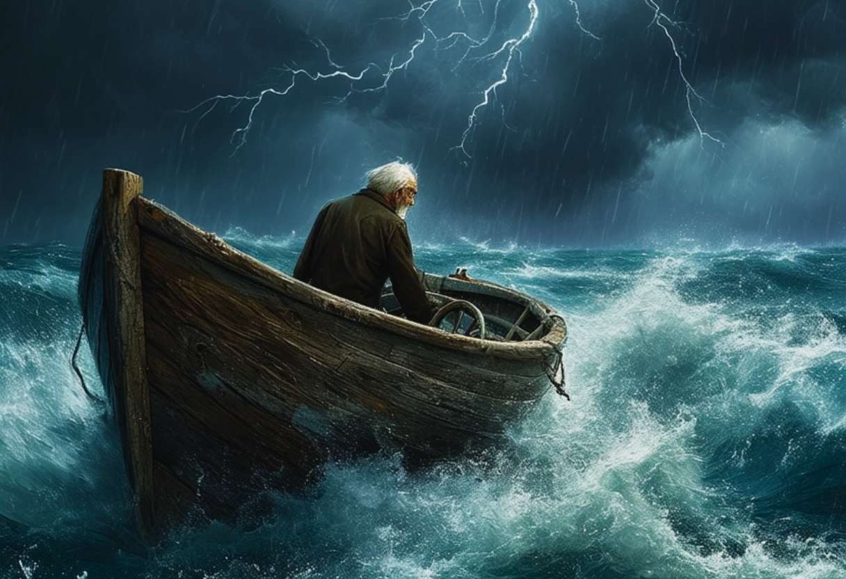 Dans la fureur du ciel et de la mer, le vieux marin affronte vaillamment l'orage, incarnant la résilience et la grandeur d'un cœur intrépide face à la tempête