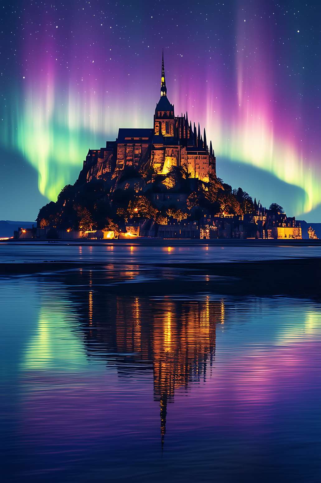Tableau Mont Saint-Michel aurore boréale ILLUMINATION