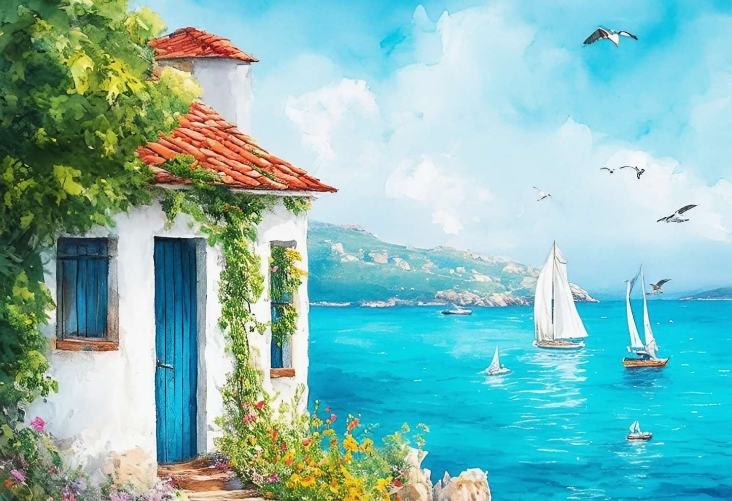 Cette retraite côtière, avec ses fleurs vibrantes et ses voiles blanches dansant sur l'horizon azur, est un coin de paradis marin où le temps semble s'arrêter