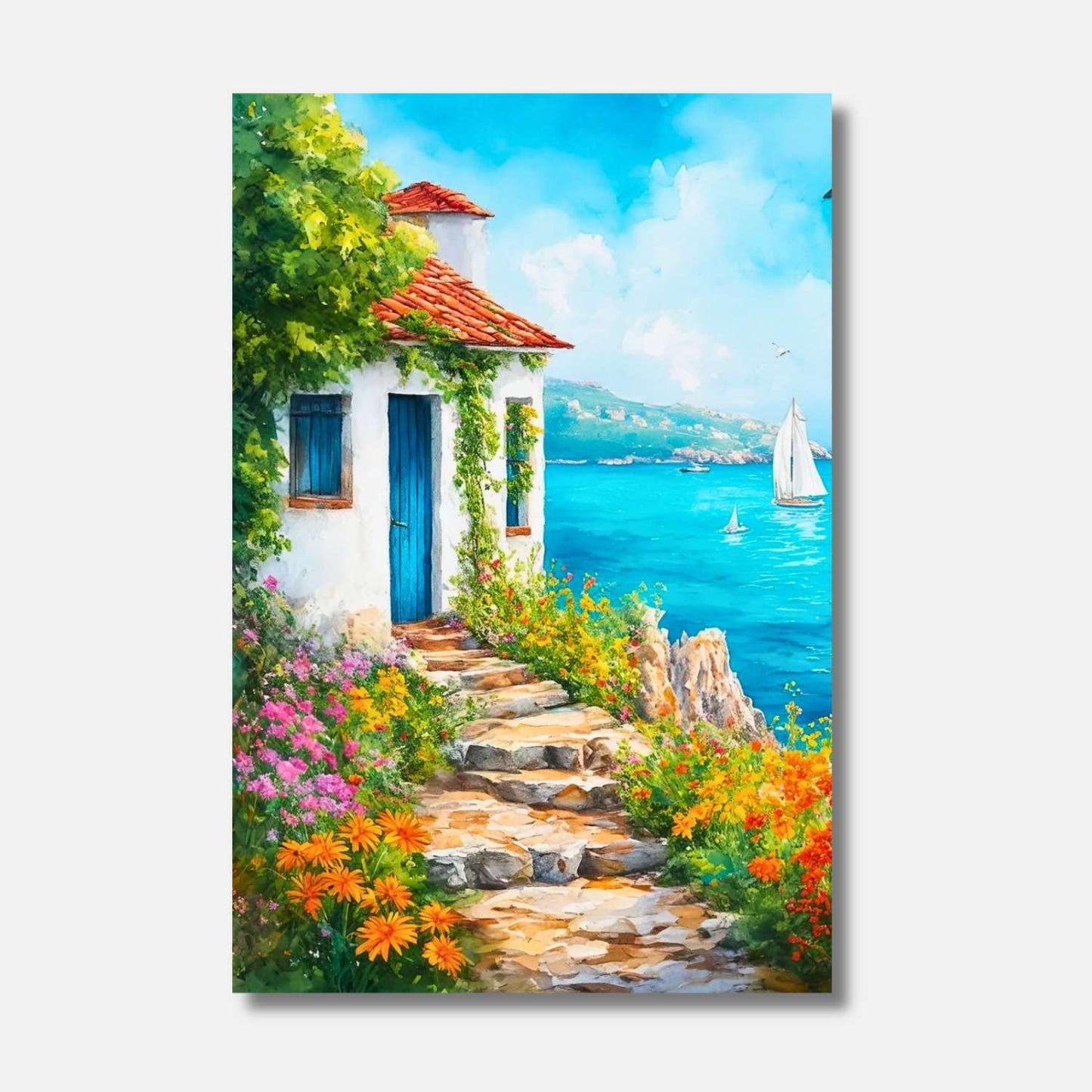 Cette retraite côtière, avec ses fleurs vibrantes et ses voiles blanches dansant sur l'horizon azur, est un coin de paradis marin où le temps semble s'arrêter