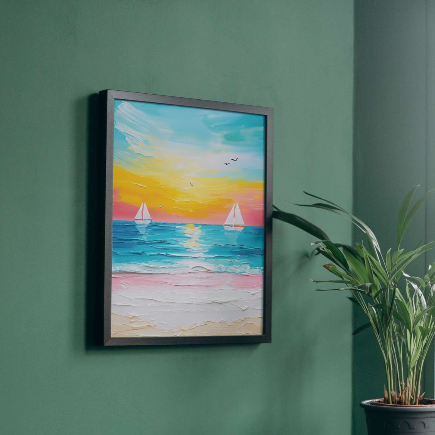 Une symphonie de couleurs marines capturant la sérénité d'un coucher de soleil en bord de mer