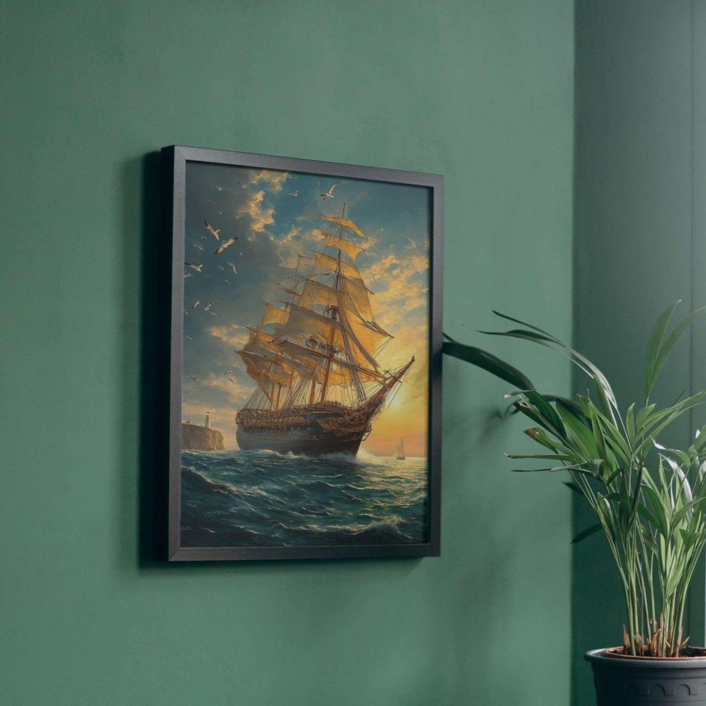 Ce navire majestueux fend les flots sous un ciel doré, ses voiles embrassées par la lumière du crépuscule, guidant les âmes aventureuses vers l'horizon infini