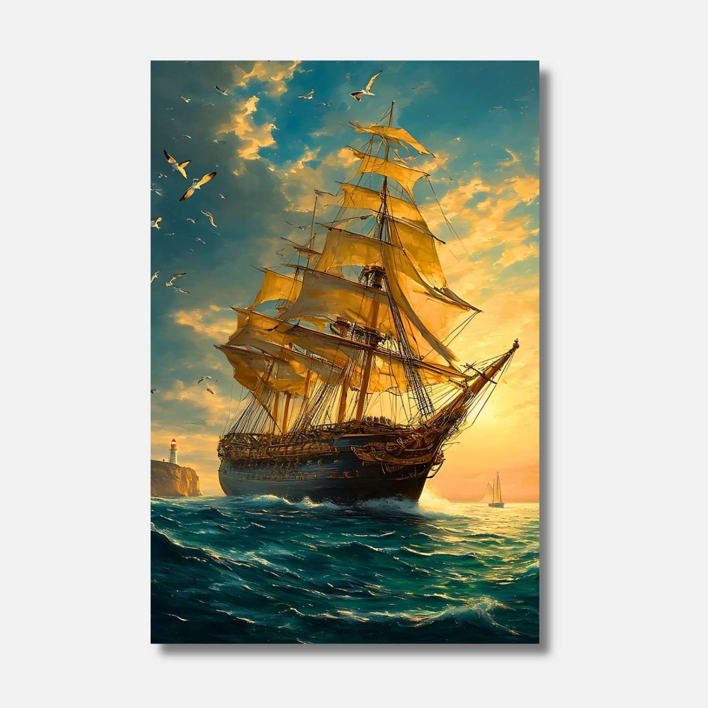 Ce navire majestueux fend les flots sous un ciel doré, ses voiles embrassées par la lumière du crépuscule, guidant les âmes aventureuses vers l'horizon infini