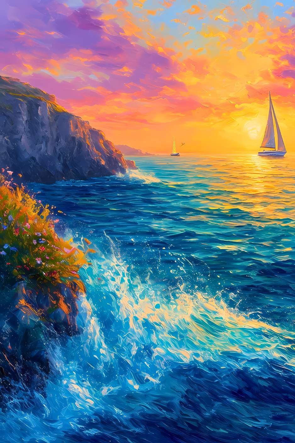 Voilà un coucher de soleil embrasant les flots, où les vagues d'azur se heurtent aux falaises fleuries, guidant fièrement les voiliers vers des horizons dorés