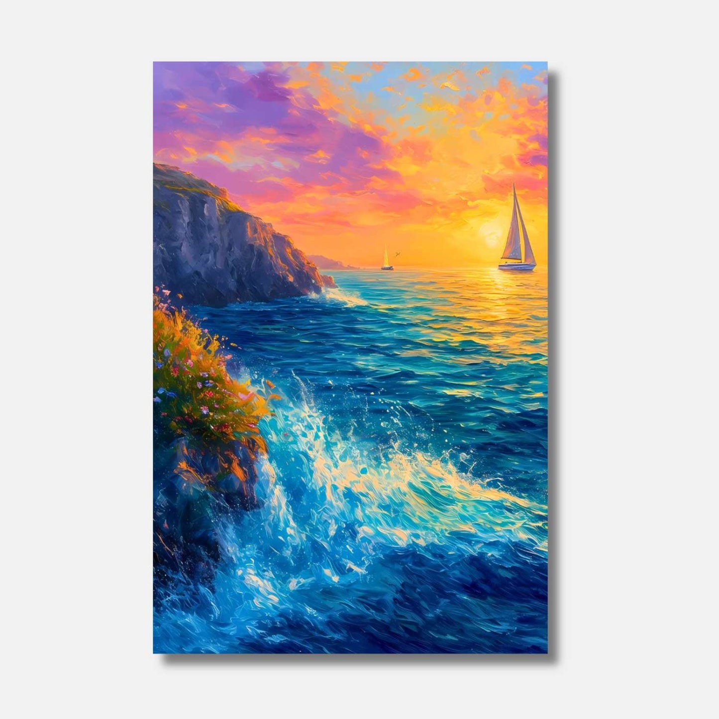 Voilà un coucher de soleil embrasant les flots, où les vagues d'azur se heurtent aux falaises fleuries, guidant fièrement les voiliers vers des horizons dorés