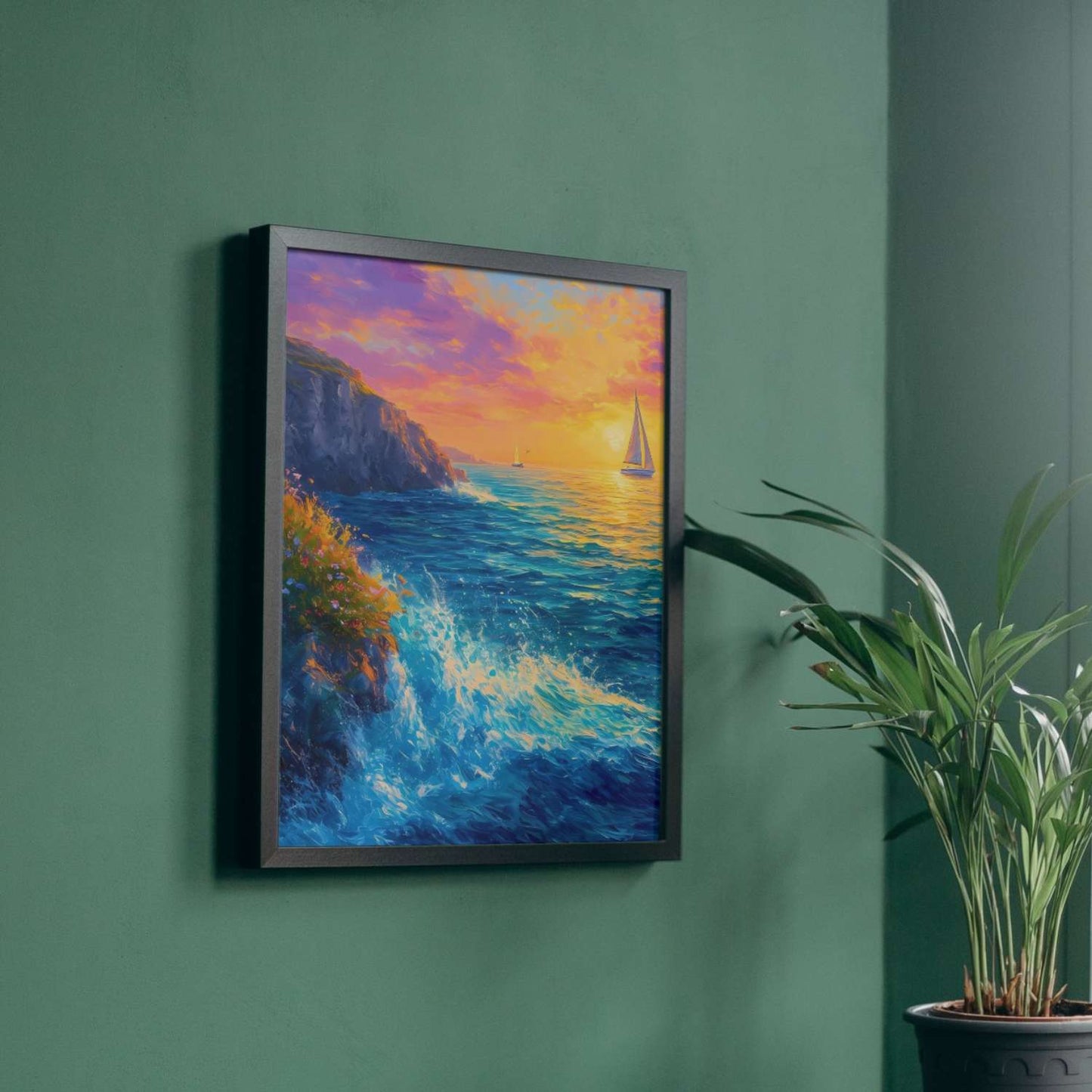 Voilà un coucher de soleil embrasant les flots, où les vagues d'azur se heurtent aux falaises fleuries, guidant fièrement les voiliers vers des horizons dorésù