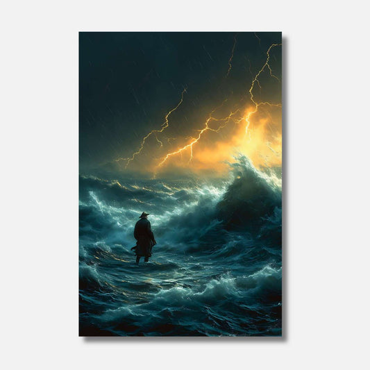 Tel un marin solitaire, je contemple l'immensité des flots déchaînés, où les éclairs illuminent le chaos des vagues tumultueuses, révélant la beauté sauvage et indomptée de l'océan en furie