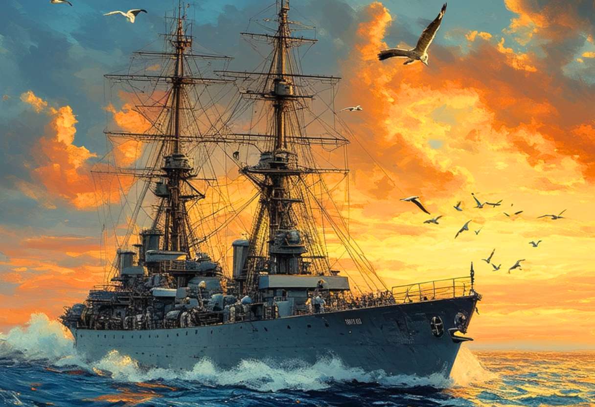 Un navire majestueux fend les eaux tumultueuses, escorté par des goélands sous un crépuscule enflammé