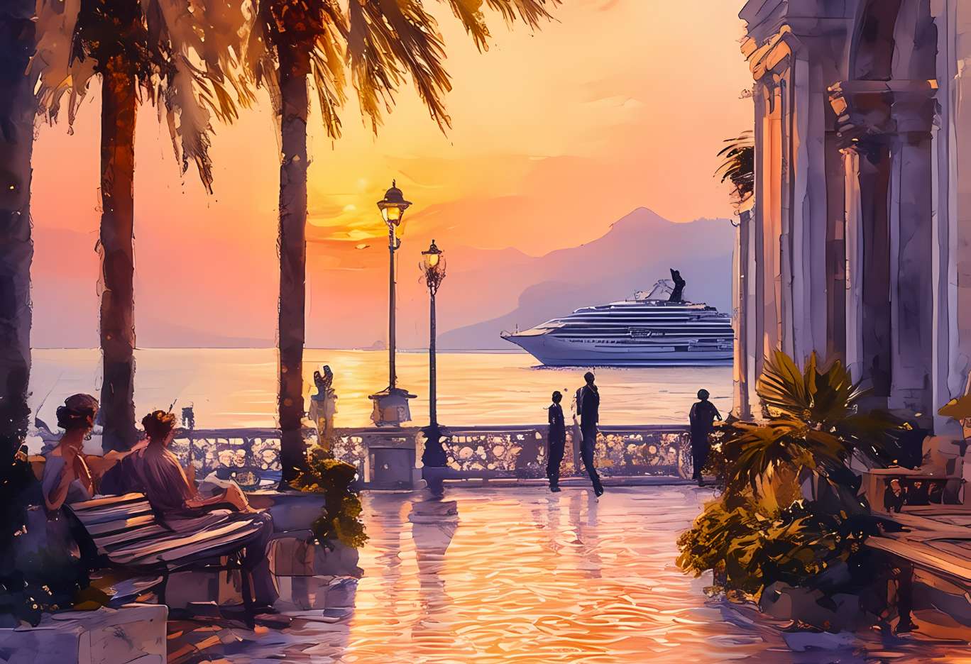 Le long d'une promenade somptueuse baignée de lumière dorée, les vagues caressent doucement les quais tandis que le soleil se couche, peinturant le ciel et la mer de teintes pastel infinies