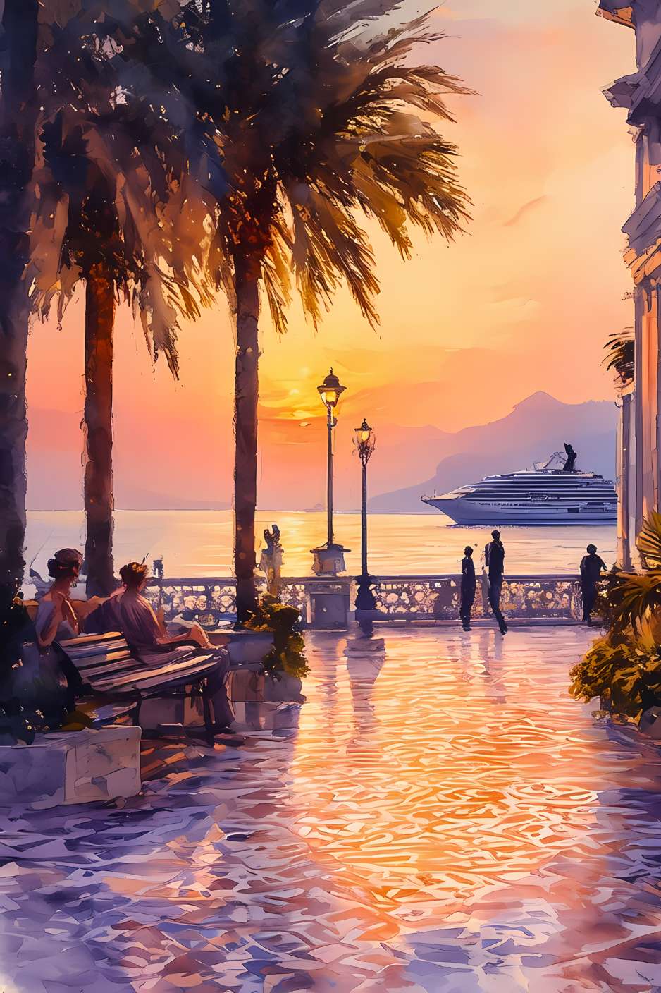 Le long d'une promenade somptueuse baignée de lumière dorée, les vagues caressent doucement les quais tandis que le soleil se couche, peinturant le ciel et la mer de teintes pastel infinies