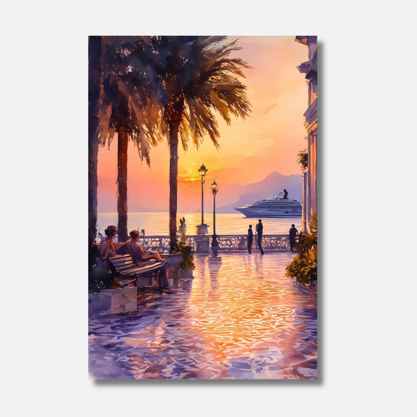 Le long d'une promenade somptueuse baignée de lumière dorée, les vagues caressent doucement les quais tandis que le soleil se couche, peinturant le ciel et la mer de teintes pastel infinies