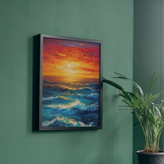 Un coucher de soleil flamboyant sur des vagues tumultueuses, capturant la beauté sauvage et sereine de l'océan