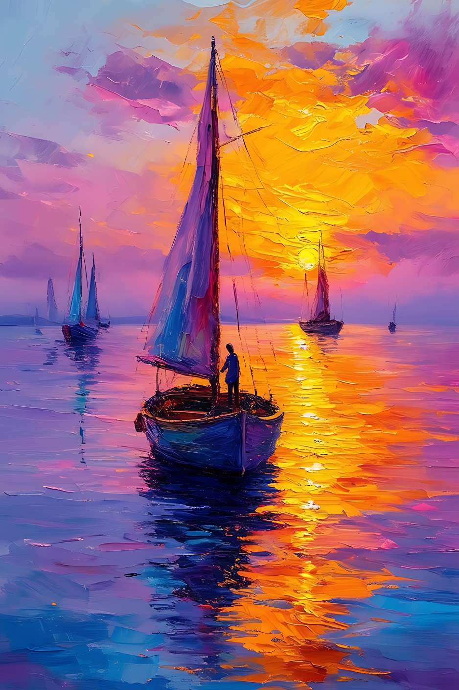 Tableau peinture coucher de soleil POÉSIE DES VOILIERS