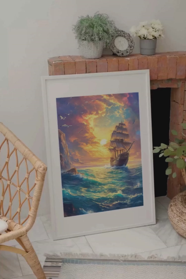 Un voilier majestueux fend les eaux miroitantes sous un coucher de soleil flamboyant, créant une symphonie de couleurs et de lumière envoûtante