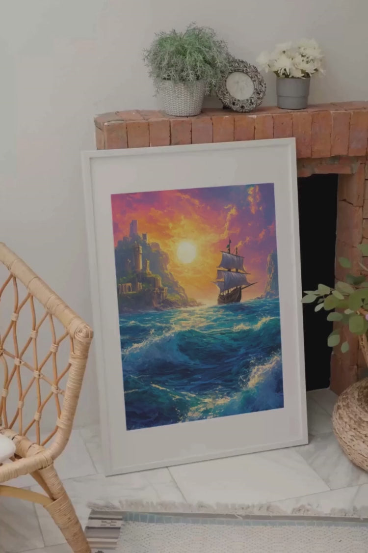 Une voile solitaire fend les flots tumultueux, éclairée par un coucher de soleil éclatant, tandis que des ruines majestueuses veillent sur l'horizon