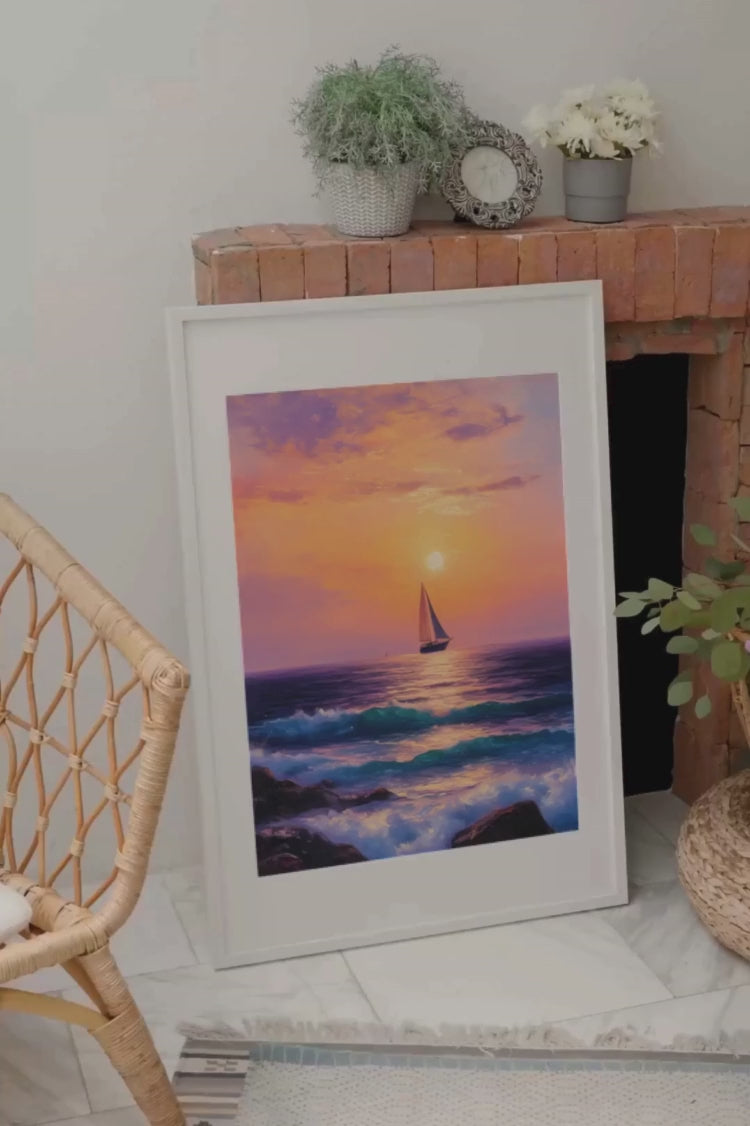 Un coucher de soleil vibrant sur une mer tranquille, où les vagues dansent doucement et un voilier glisse vers l'horizon doré