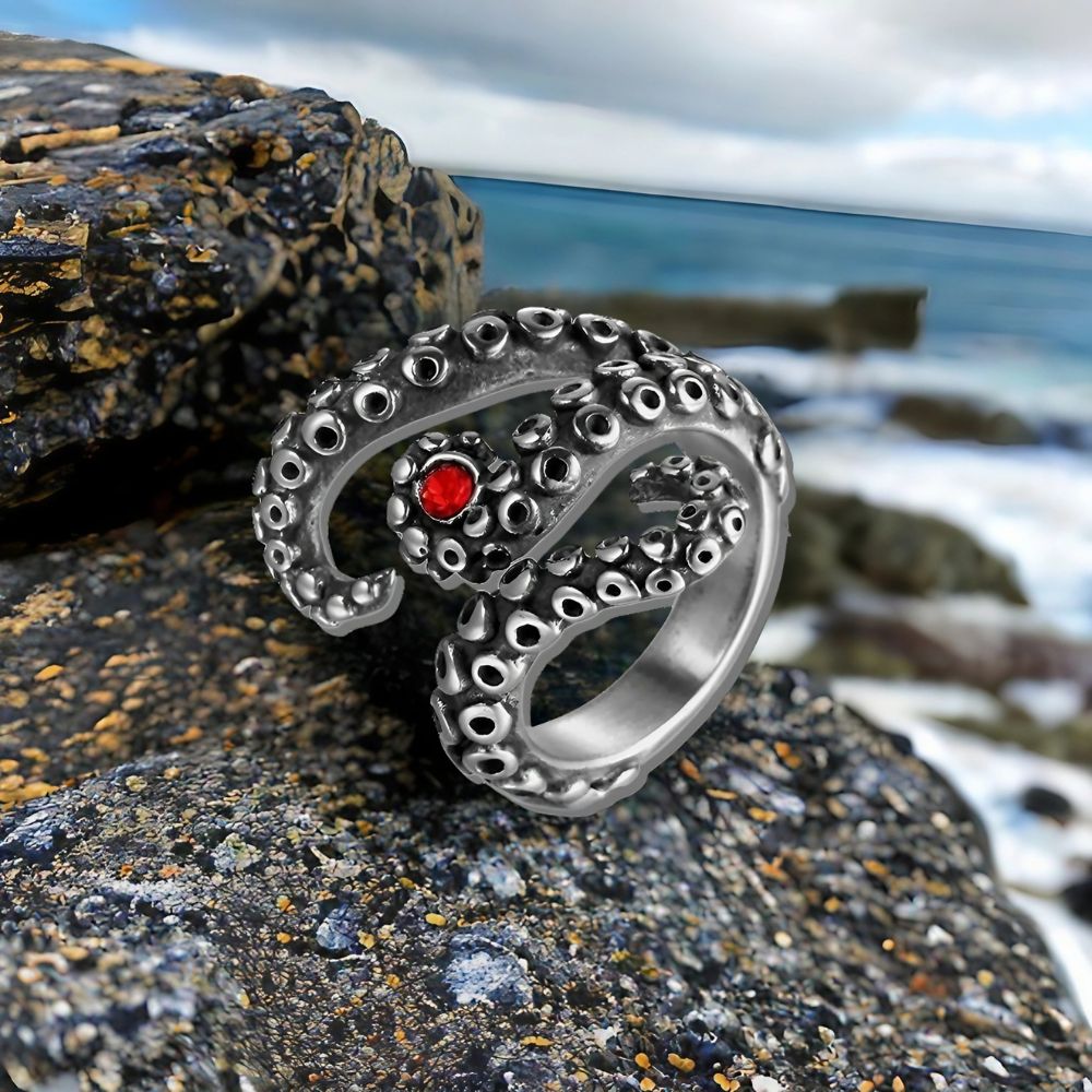 Bague poulpe à la pierre rouge POHAKU - Mer Aux Trésors