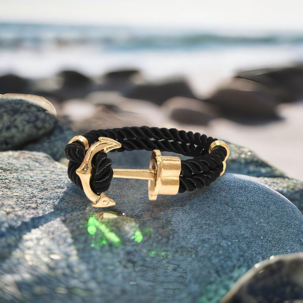 Bracelet noir ancre dorée ONE - Mer Aux Trésors