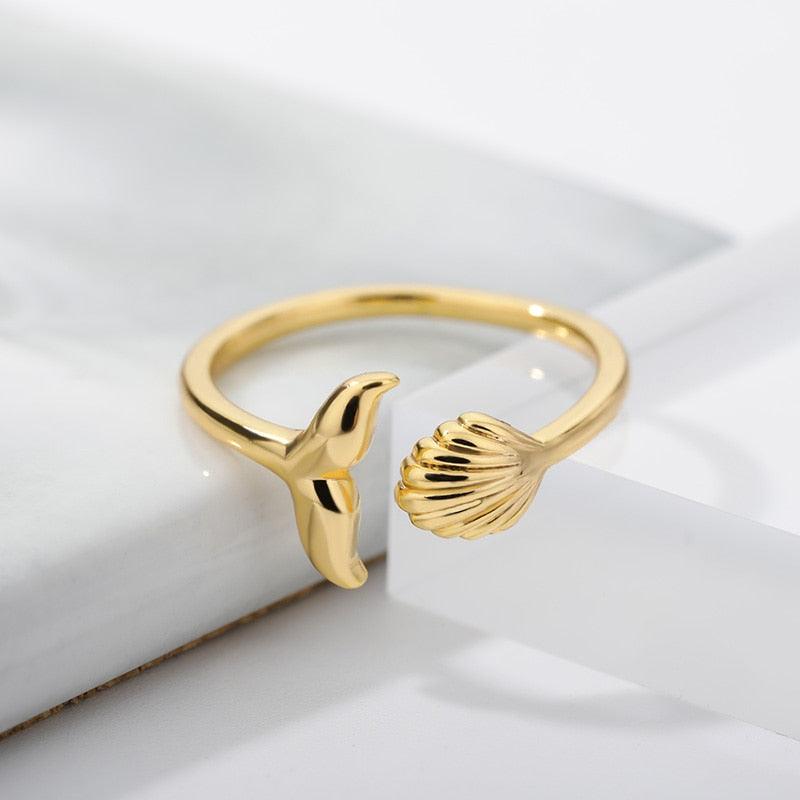 Bague dorée queue de sirène et coquillage ONE - Mer Aux Trésors
