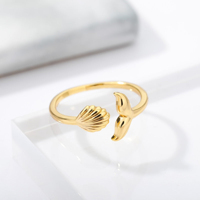 Bague dorée queue de sirène et coquillage ONE - Mer Aux Trésors