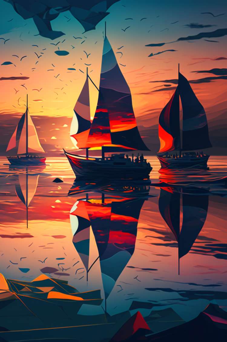 Tableau peinture voiliers abstraits - navigation abstraite - Mer Aux Trésors