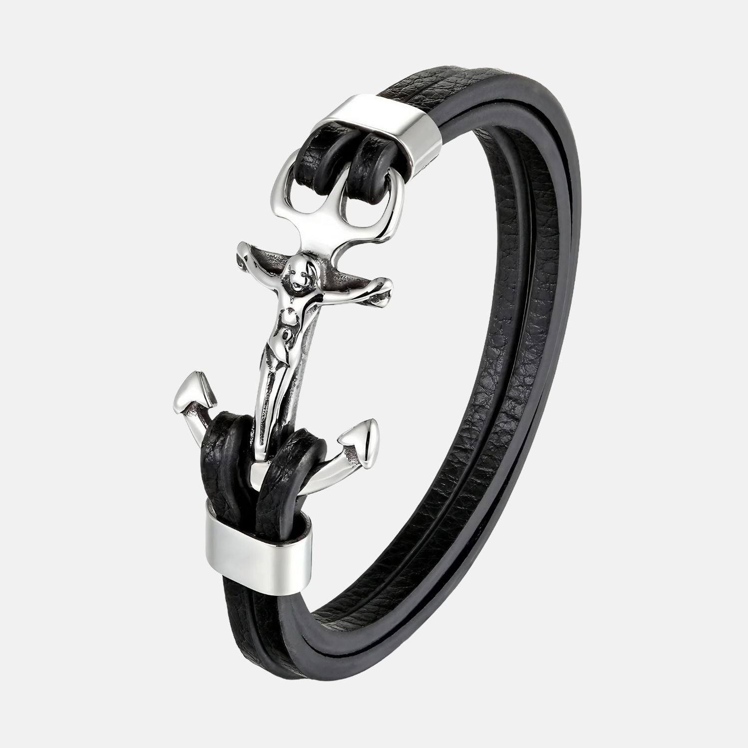 Un élégant bracelet en cuir noir est orné d'une ancre en métal argenté, stylisée avec une silhouette humaine cruciforme