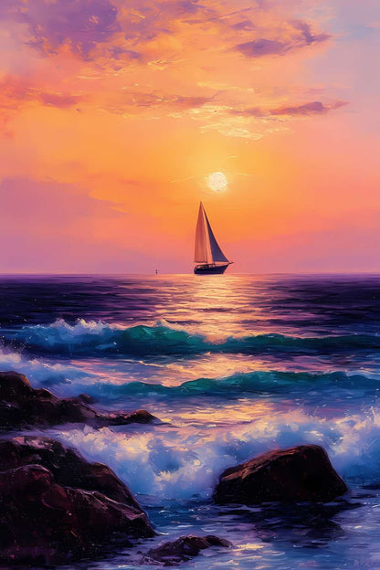 Un coucher de soleil vibrant sur une mer tranquille, où les vagues dansent doucement et un voilier glisse vers l'horizon doré