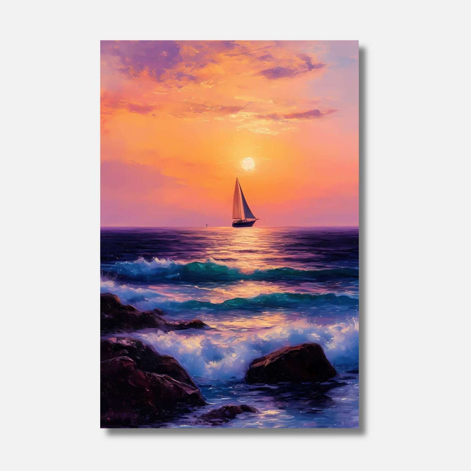 Un coucher de soleil vibrant sur une mer tranquille, où les vagues dansent doucement et un voilier glisse vers l'horizon doré