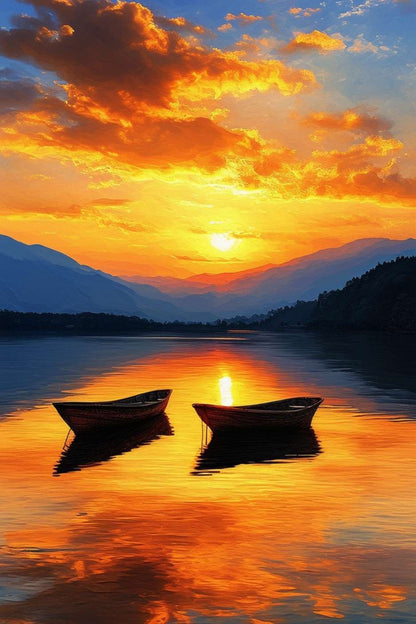 Un coucher de soleil flamboyant éclaire deux bateaux tranquilles sur une mer dorée