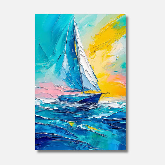 Un voilier audacieux fend les vagues tourbillonnantes sous un ciel éclatant, une symphonie de couleurs capturant l'essence pure de la liberté maritime