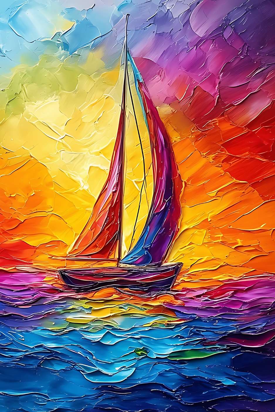 Ce voilier aux voiles multicolores fend les eaux d'un océan enchanté, illuminé par un coucher de soleil flamboyant qui embrase le ciel et la mer dans une symphonie de couleurs éclatantes