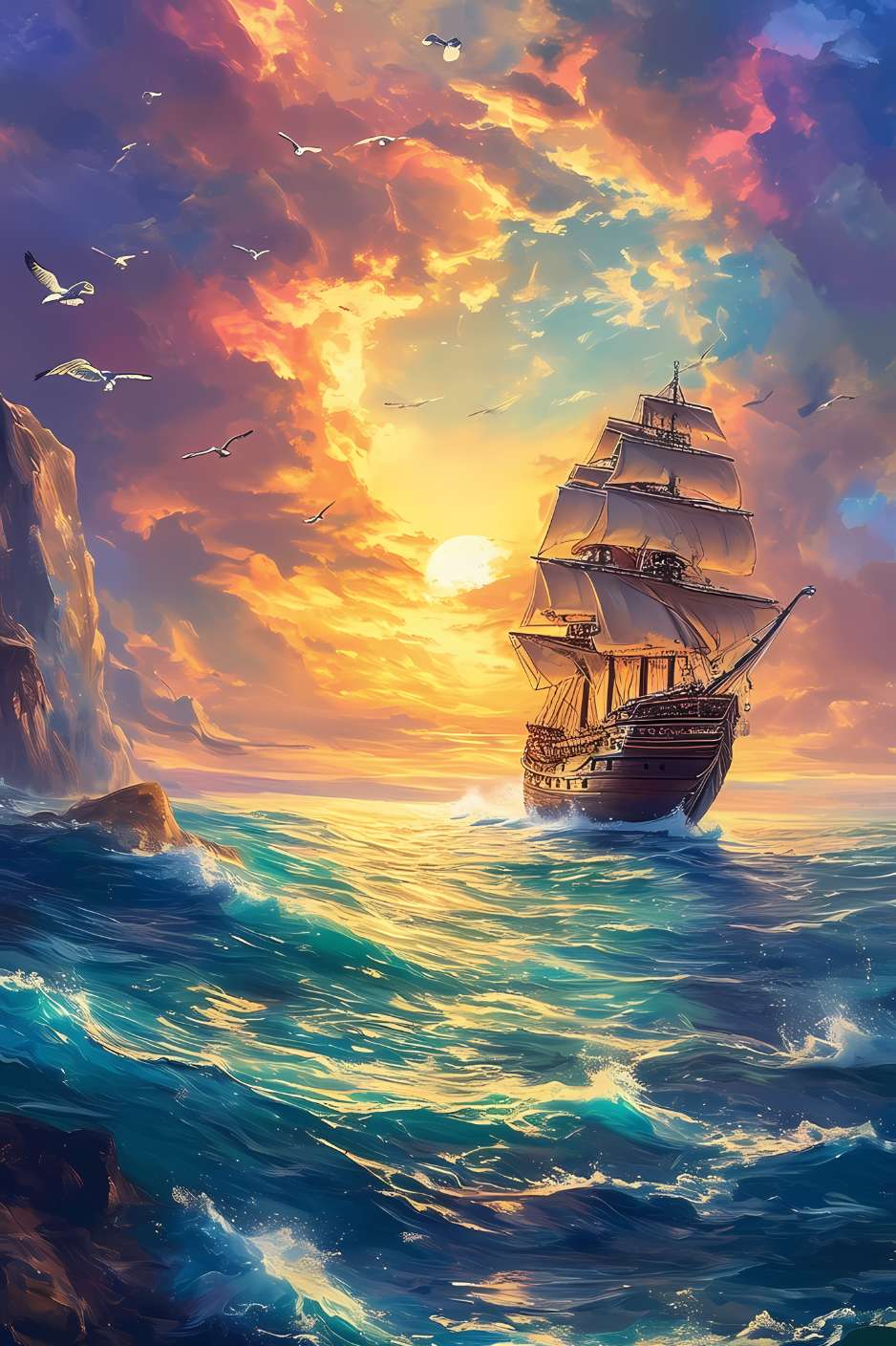 Un voilier majestueux fend les eaux miroitantes sous un coucher de soleil flamboyant, créant une symphonie de couleurs et de lumière envoûtante