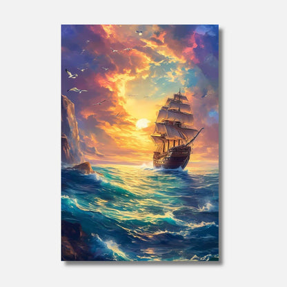 Un voilier majestueux fend les eaux miroitantes sous un coucher de soleil flamboyant, créant une symphonie de couleurs et de lumière envoûtante