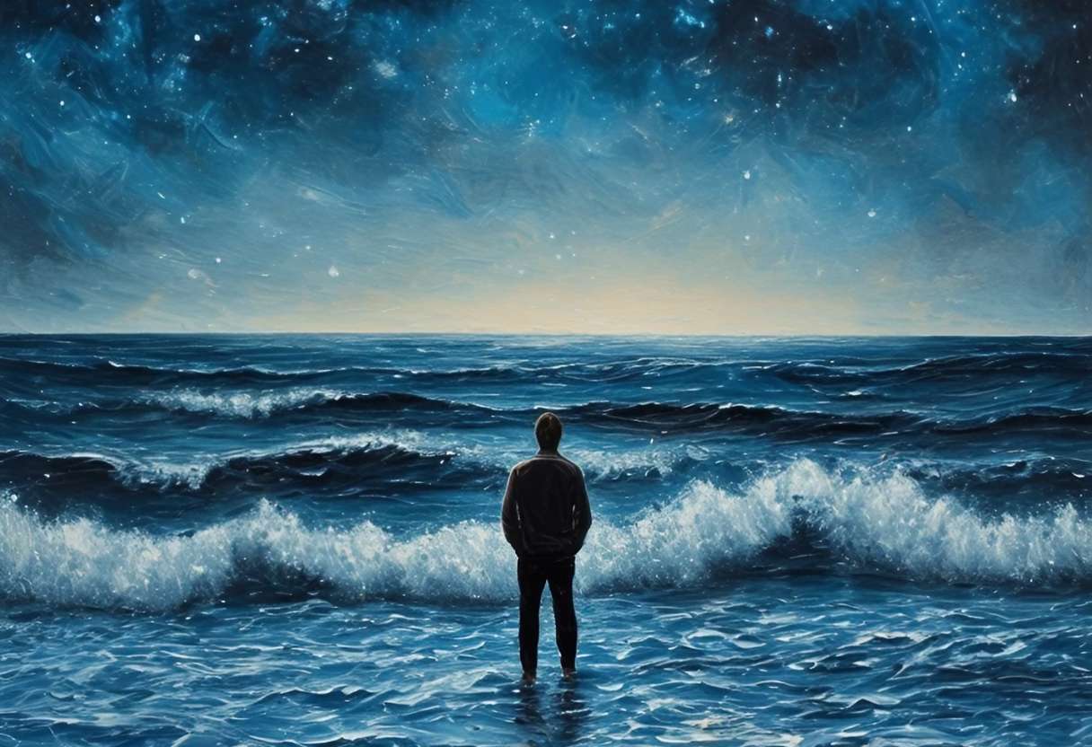 Un homme, face à l'immensité de la mer et du ciel étoilé, contemple le mystère et la grandeur de l'univers infini, tel un marin à l'aube d'une nouvelle aventure