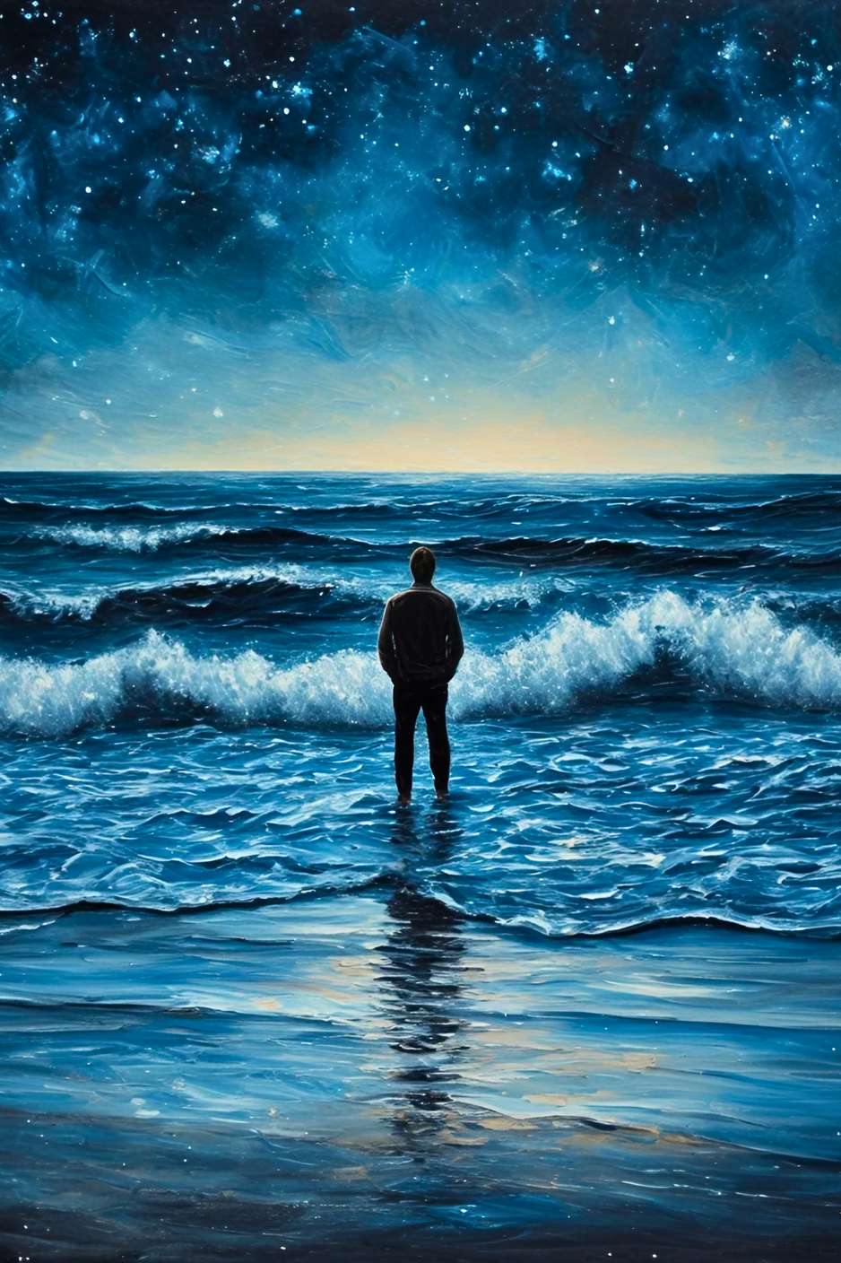 Un homme, face à l'immensité de la mer et du ciel étoilé, contemple le mystère et la grandeur de l'univers infini, tel un marin à l'aube d'une nouvelle aventure