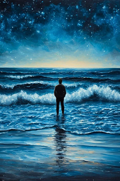 Un homme, face à l'immensité de la mer et du ciel étoilé, contemple le mystère et la grandeur de l'univers infini, tel un marin à l'aube d'une nouvelle aventure