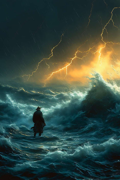 Tel un marin solitaire, je contemple l'immensité des flots déchaînés, où les éclairs illuminent le chaos des vagues tumultueuses, révélant la beauté sauvage et indomptée de l'océan en furie
