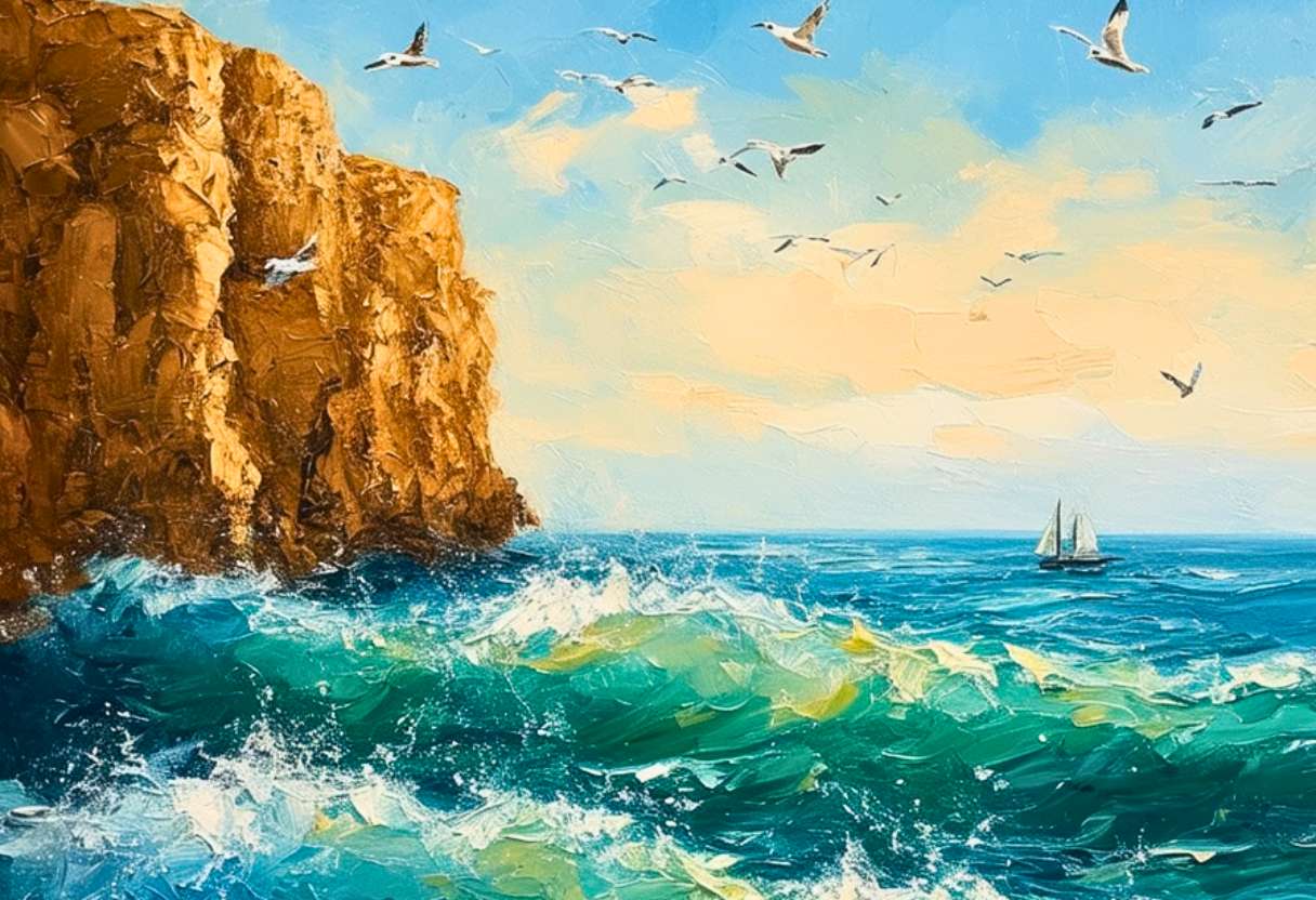 Sur cette toile majestueuse, les vagues s'éclatent en une symphonie d'azur et d'émeraude, sous un ciel peuplé de mouettes libres, tandis qu'une voile solitaire trace son chemin vers l'inconnu